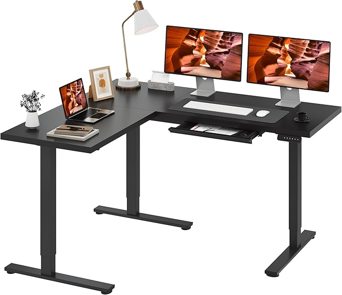 L-Shaped Standing Desk, 63 x 55 Inches Height Adjustable Desk with Storage, Sit and Stand up for Work Office Home, Ergonomic Rising Computer Table for Home Office with Splice Board, Black