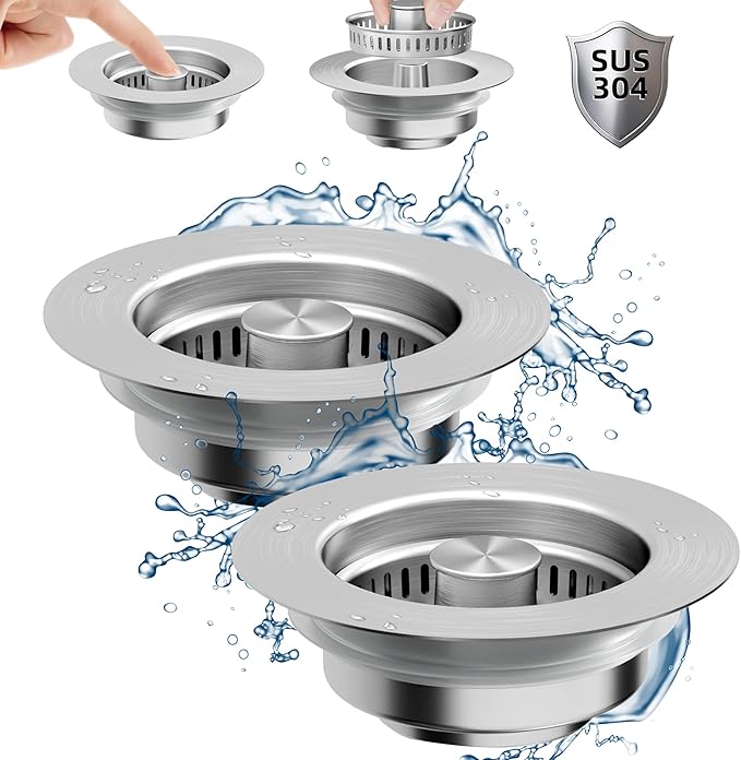 NinjaTiger Kitchen Sink Drain Strainer - 2-Pack Stainless Steel Sink Stopper 3-in-1 Pop-Up Sink Strainer with Anti-Clogging Basket Odor Filter Sink Drain Cover Plug for US Standard 3-1/2 Inch Drain