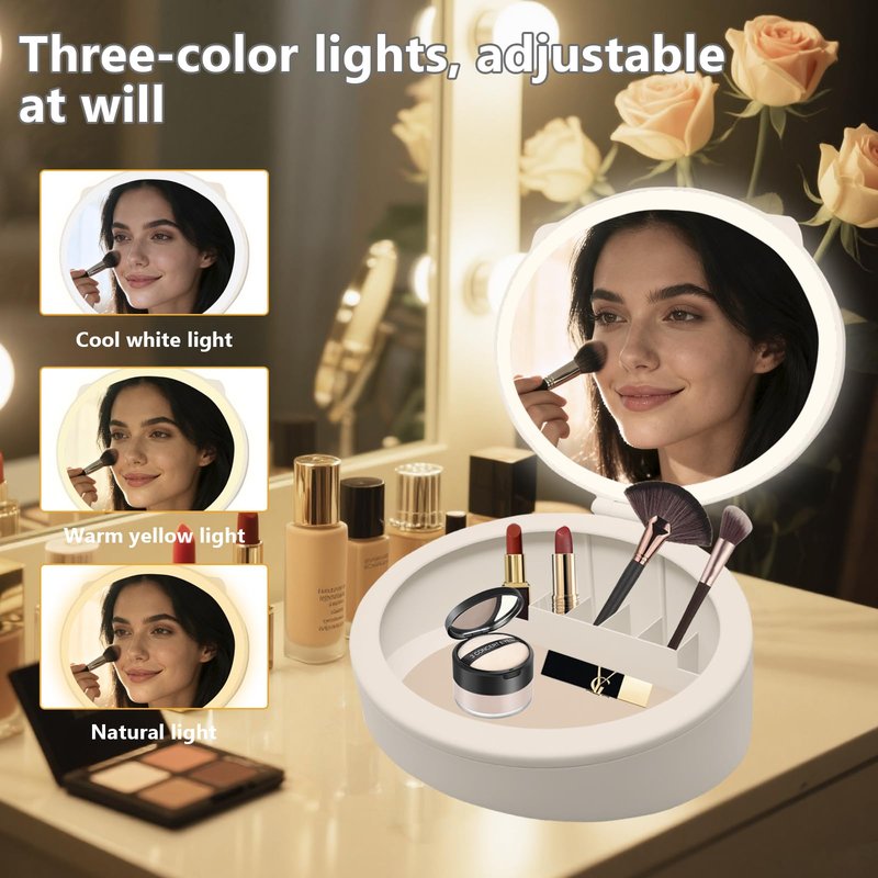 YNBXHJPP LED Mskeup Mirror with Storage, 4K high-Definition Touch Screen Travel Vanity Mirror with 3 Types of Lights, USB Charging, Magnetic 3-inch 10x Magnifying Glass (Pink)
