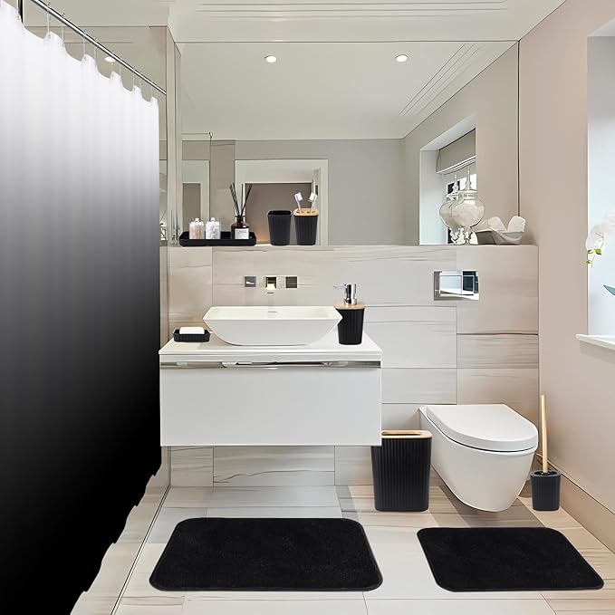 Bathroom Sets with Shower Curtain and Rugs,Black Bathroom Set with Bathroom Trash Can,Soap Dispenser,Toilet Brush,Toothbrush Set,Qtip Holders for Housewarming