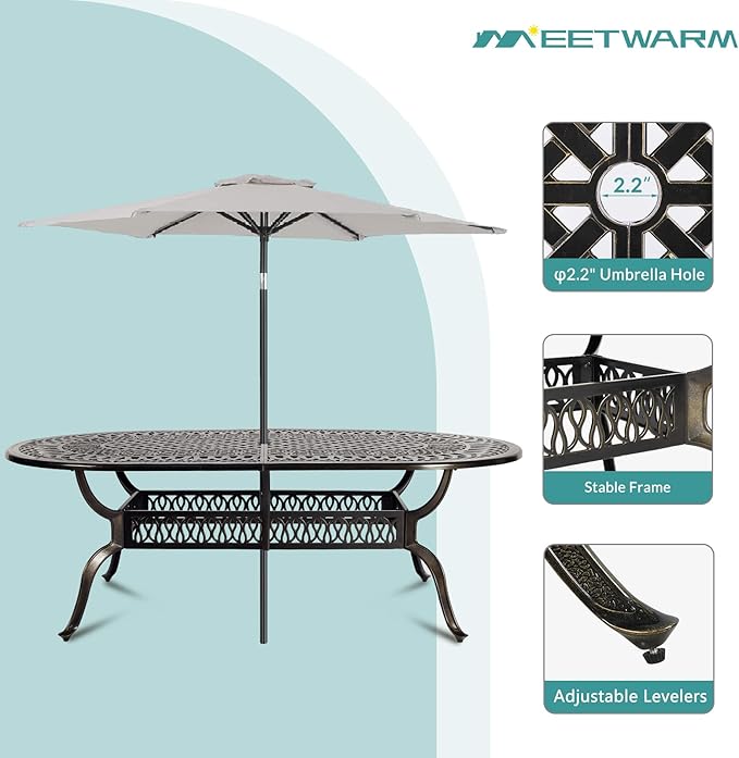 MEETWARM 9-Piece Outdoor Patio Dining Set, All-Weather Cast Aluminum Patio Conversation Set with 2 Swivel Rocker Chairs, 6 Stationary, 1 Oval Table, 8 Cushions, 2" Umbrella Hole, Ocean Blue