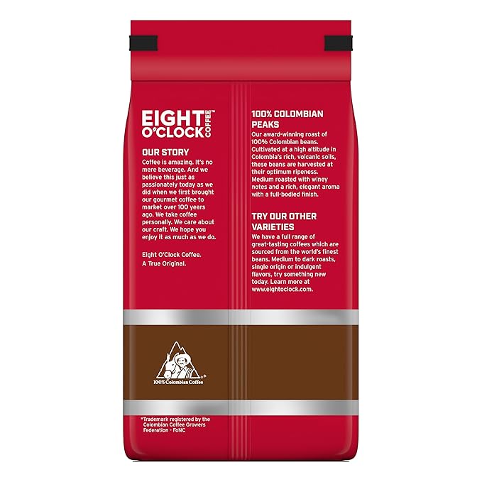 Eight O'Clock Coffee 100% Colombian Peaks Whole Bean Coffee, Medium Roast, 20 Ounce (Pack of 1) - Rich, Winey & Full Bodied