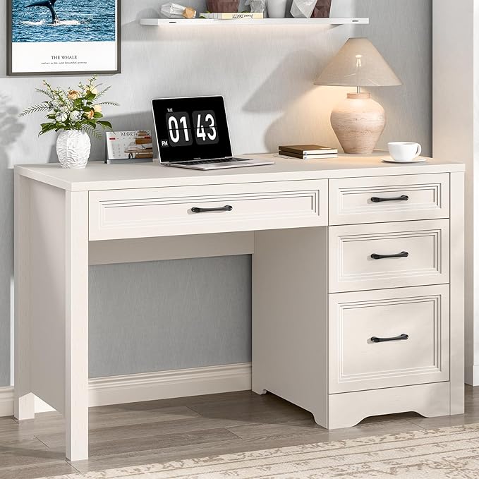 Vabches Farmhouse Executive Desk with Storage and Ample File Drawer, Rustic Large Home Writing Desk for Bedroom, Pure White
