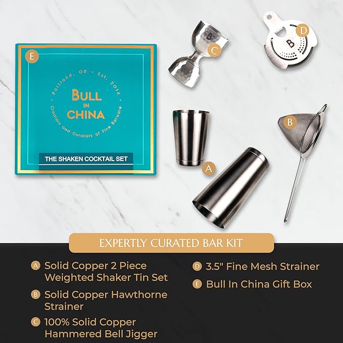 5 Piece Cocktail Kit by Bull In China - Premium Bartender Gift Set Includes Weighted 2 Piece Boston Shaker, Hammered Bell Jigger, Hawthorne Strainer & Fine Mesh Strainer (Copper)