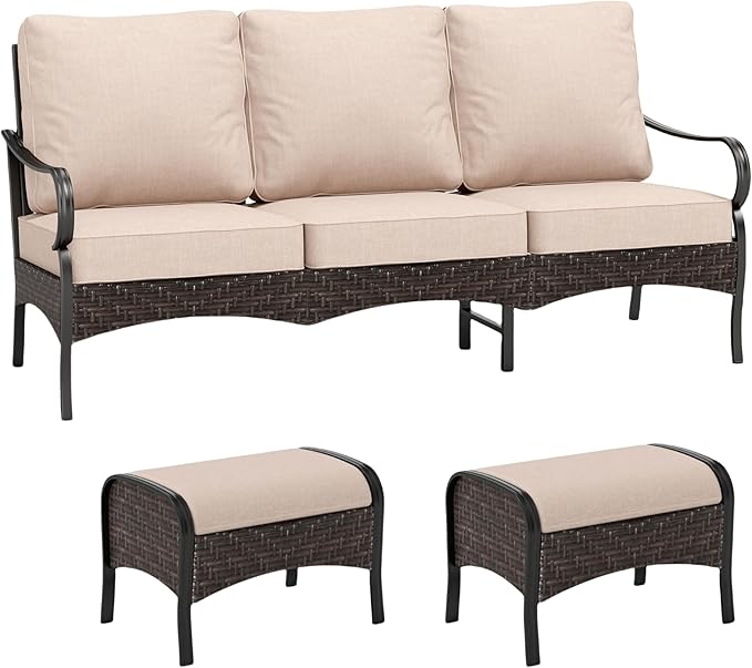 MFSTUDIO Outdoor Patio Furniture Set, Rattan Wicker Patio Sectional, Metal Outdoor Conversation Set with 3-Seat Sofa, 2 x Ottoman