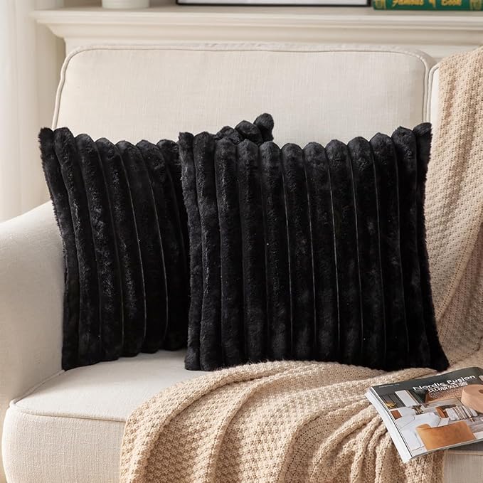 DEELAND Pack of 2,Double-Sided Faux Fur Plush Decorative Throw Pillow Covers Fuzzy Striped Soft Pillowcase Cushion Covers for Sofa Couch Bedroom Black 26x26 inch