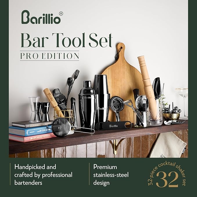 Barillio Bar Tool Set Pro Edition - Black Stainless-Steel Cocktail Shaker Set - Mixology Bartender Kit w/Boston Shaker, Drink Mixer & Muddler for Cocktails - Home Bar Accessories - 32-Pc Bar kit