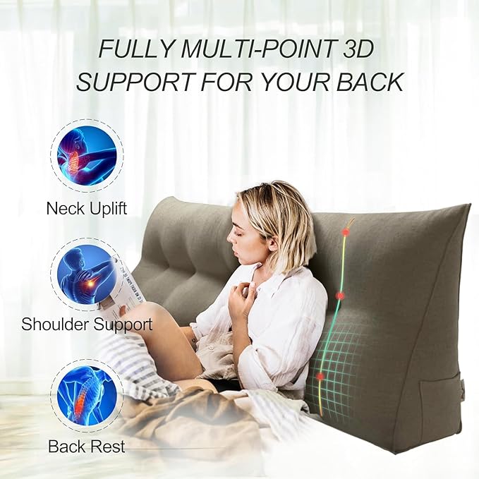 WOWMAX 85% Linen 15% Cotton Blend Headboard Pillow – Twin Size Reading Wedge Backrest for Bed, Handmade Firm Support Bolster Cushion with Removable Cover, Premium Bed Rest Pillow, Light Gray