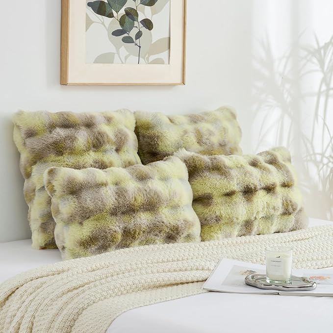 FUTEI Green White Decorative Throw Pillow Covers 18x18 Inch Set of 2,Soft Fuzzy Faux Rabbit Fur Cushion Covers with Raised Texture,Neutral Boho Home Decor for Couch Bed Living Room