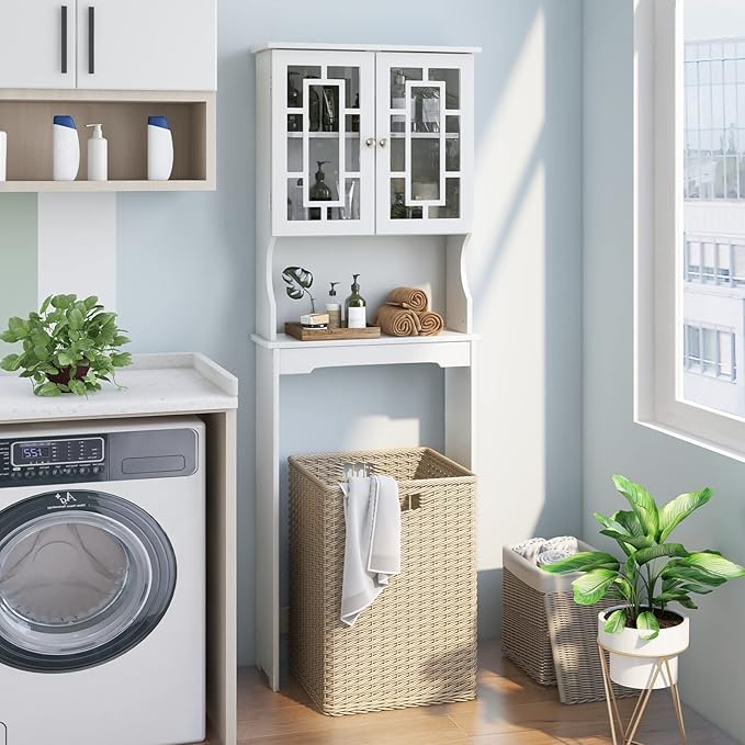 BestComfort Over The Toilet Storage Cabinet, Home Bathroom Space Saver Organizer Above Toilet, Double Doors and Adjustable Shelf, Wooden Freestanding Toilet Storage Rack Unit, 67 in H (White)