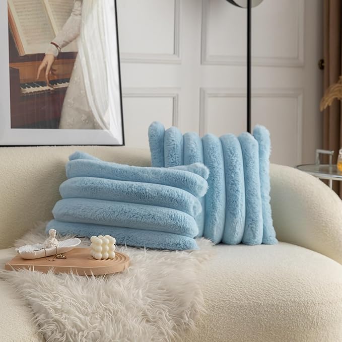 Neelvin Blue Faux Fur Cozy Soft Striped Decorative Throw Pillow Covers 24x24 inch Set of 2,Velvet Pillowcase Cushion Case for Sofa Couch