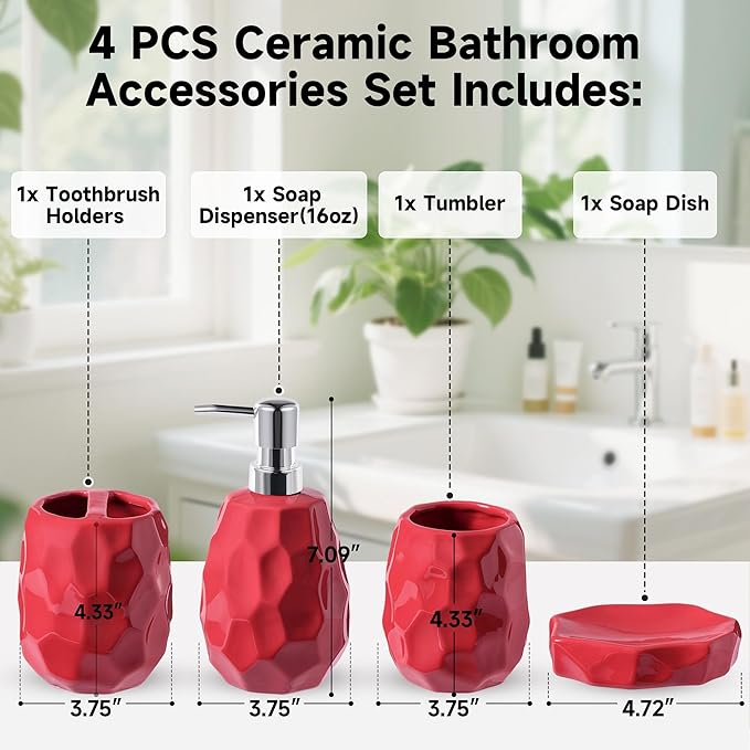 Ceramic Bathroom Accessories Set 4 PCS,Bathroom Toothbrush Holder Set,Soap and Toothbrush Holder Set,Include Toothbrush Holder,Soap Dispenser,Tumbler,Soap Dish,Bathroom Sets Decor Organizer (Red)