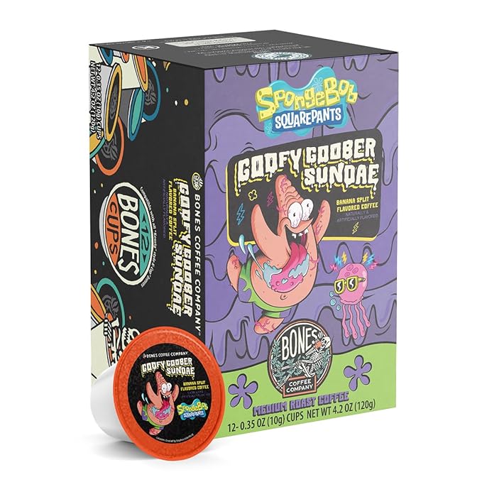 Bones Coffee Company Spongebob Goofy Goober Sundae, Banana Split Flavored Coffee Pods, Low Acid Medium Roast Single-Serve Bones Cups, Compatible with1.0 & 2.0 Capsule Brewers Coffee Maker, 12 Count