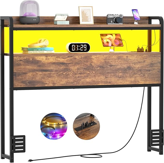 Aheaplus Headboard for Twin Size Bed Frame, Headboards with Outlets, USB Ports and LED Light, Head Board with Storage, Height Adjustable, Sturdy and Stable Headboard, Twin Size, Rustic Brown