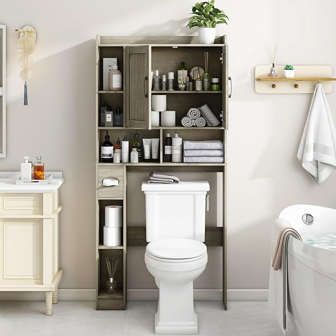 Farmhouse Storage Cabinet Over Toilet with 2 Barn Doors & Toilet Paper Holder Stand, Space-Saving Bathroom Rack