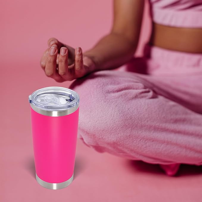 20oz Tumbler Bulk Stainless Steel Tumblers with Lid Vacuum Insulated Double Wall Travel Coffee Mug Powder Coated Tumbler Cup for Hot and Cold Drinks(Hot Pink, 1 pack)
