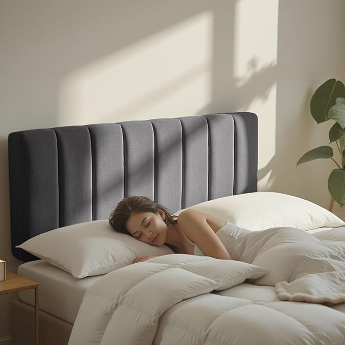 Hearth & Harbor Upholstered King Headboard - Easy Assemble Channel Stitched Headboard King Size Bed - Wall Mounted Headboards with 3D Soundproof Wall Panels Peel & Stick Floating Headboards, Grey