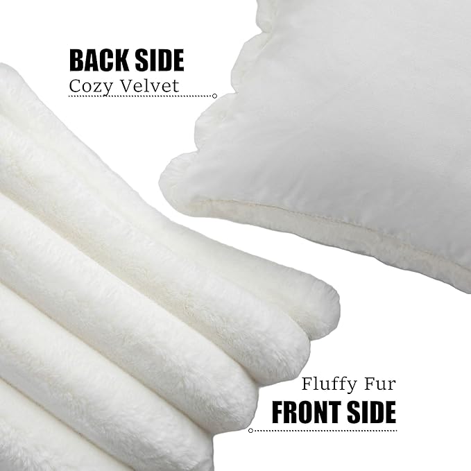 Neelvin Cream White Faux Fur Cozy Soft Striped Decorative Throw Pillow Covers 18x18 inch Set of 2,Velvet Pillowcase Cushion Case for Sofa Couch