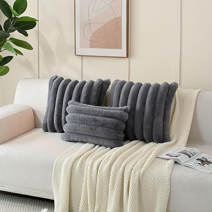 FUTEI Grey Decorative Throw Pillow Covers 24x24 Inch Set of 2, Square Soft Faux Rabbit Fur Thick Striped European Cushion Covers,Winter Home Decor for Couch Bed Living Room