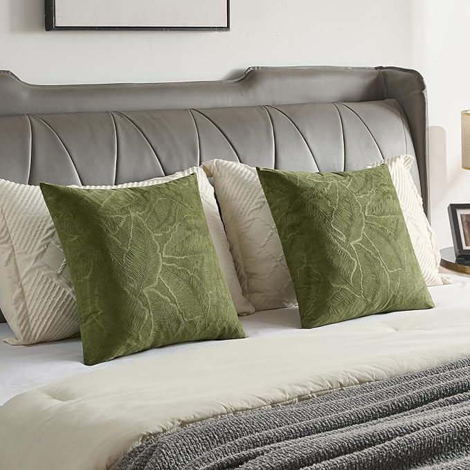 FUTEI Moss Green Velvet Throw Pillow Covers 26x26 Inch Set of 2,Soft Embossed Leaf-Relief Textured Euro Pillow Shams,Natural Home Decor for Couch Living Room