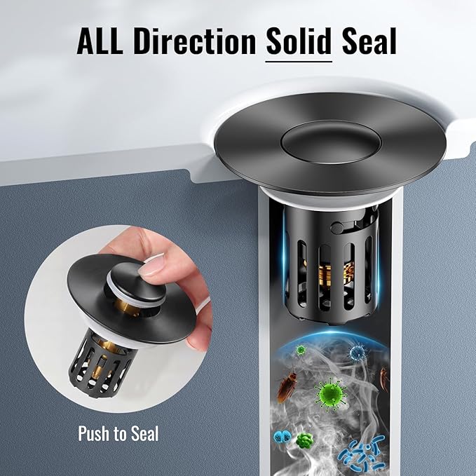 (2 Pc) Bathroom Sink Stopper-All Metal Sink Stopper-Universal Fit 99% Bathroom Stopper with Removable Stainless Steel Hair Catcher- Basin (1.1'' to 2.36'' inch) - Black