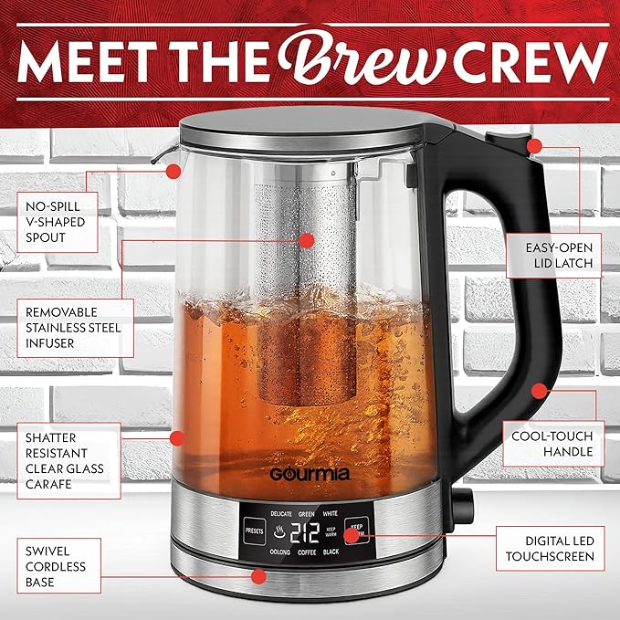 Gourmia Programmable Digital Glass Kettle – 1.7L Adjustable Temperature Electric Kettle with 6 Presets, Keep Warm, Stainless Steel Tea Infuser, 360° Swivel Base, Black