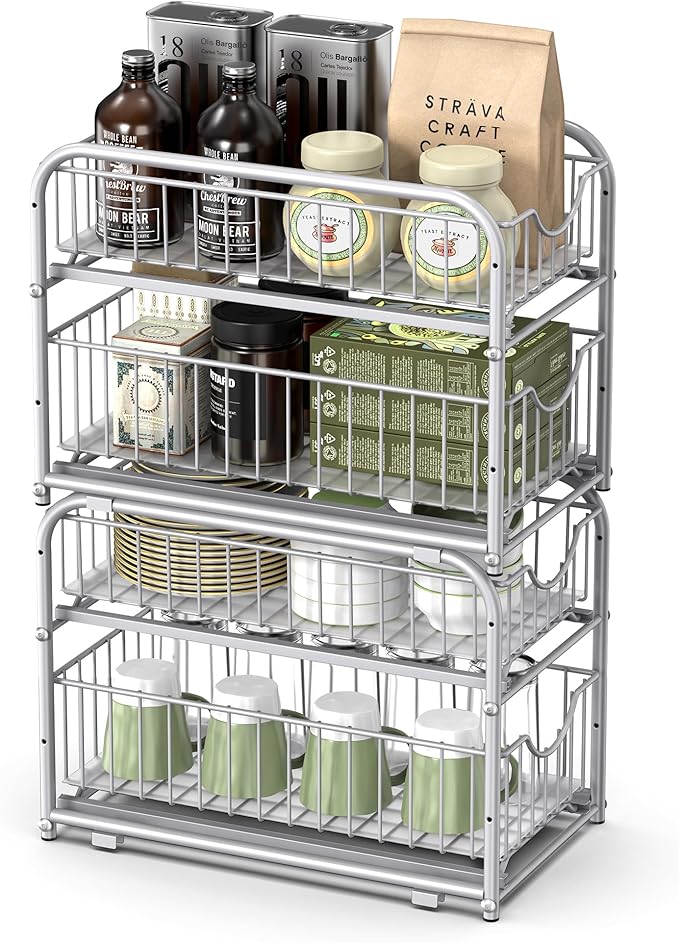 SONGMICS 2-Tier Pull Out Cabinet Organizers, Under Sink Organizer, Bathroom Organizer and Storage, Sliding Basket Drawers, Stackable for Kitchen, Bathroom, Metallic Silver UKCS017E01