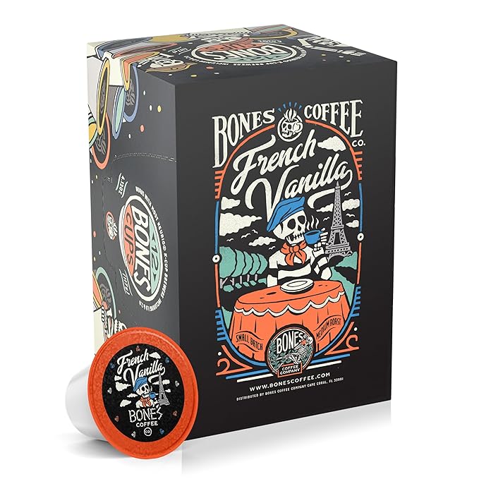 Bones Coffee Company Flavored Coffee Bones Cups French Vanilla Flavored Pods | 12ct Single-Serve Coffee Pods Compatible with Keurig 1.0 & 2.0 Keurig Coffee Maker