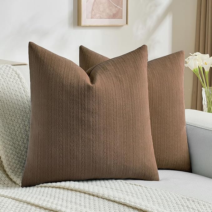 FUTEI Dark Brown Decorative Throw Pillow Covers 16x16 Inch Set of 2,Soft Cozy Wheat Ear Striped Patterns Cushion Cases,Modern Home Decor for Couch Bed Living Room