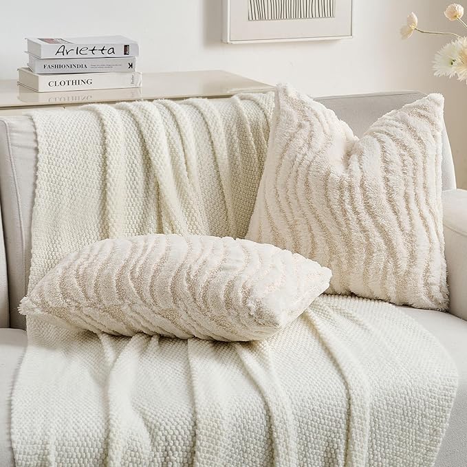 FUTEI Cream Decorative Throw Pillow Covers 24x24 Inch Set of 2,Soft Faux Fur Geometric Shapes Texture European Cushion Case,Boho Home Decor for Couch Bed Living Room