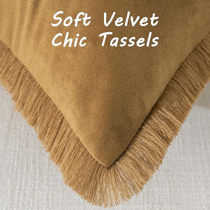 FUTEI Brown Velvet Decorative Throw Pillow Covers 24x24 Set of 2,Soft Cozy Edge with Tassels European Cushion Case,Boho Modern Home Decor for Couch Bed Living Room
