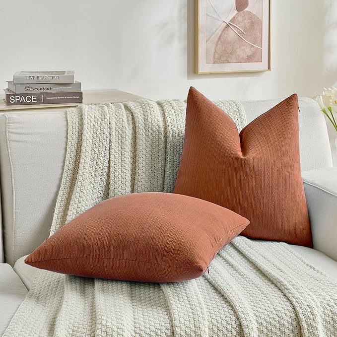 FUTEI Rust Decorative Throw Pillow Covers 18x18 Inch Set of 2,Soft Cozy Wheat Ear Striped Patterns Cushion Cases,Modern Home Decor for Couch Bed Living Room