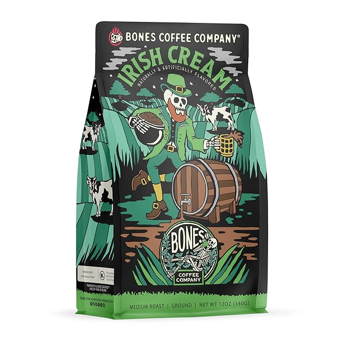Bones Coffee Company Irish Cream, Creamy Liqueur Flavored Coffee, Medium Roast Low Acid Arabica Beans Compatible with Auto drip and French Press Coffee Maker, 12 Oz Ground