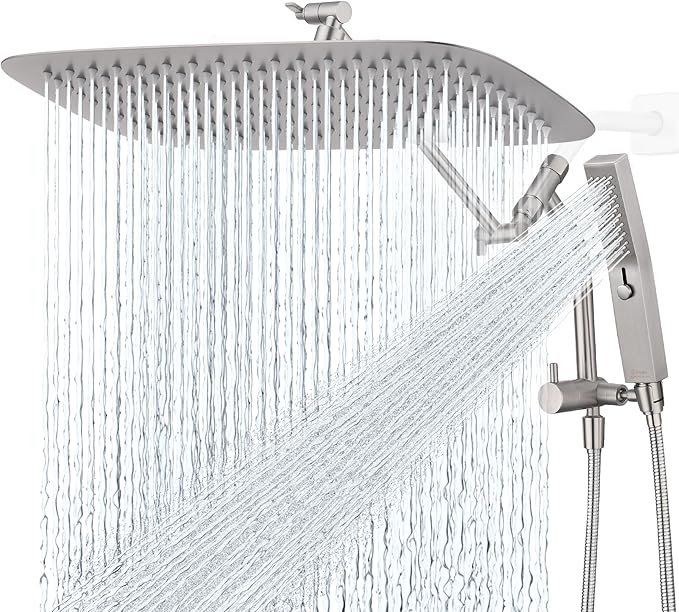 G-Promise All Metal 16 Inch Shower Head with Massage Mode Handheld, Rain Shower Head with Handheld Spray Combo, 3-Way Diverter with Pause Setting, 12 Inch Adjustable Extension Arm (Brushed Nickel)