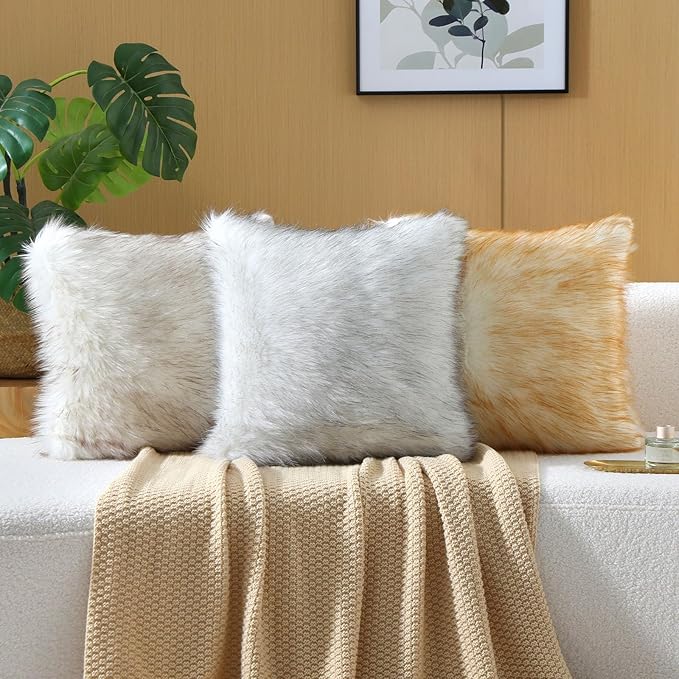FUTEI Brown White Decorative Throw Pillow Covers 12x20 Inch Set of 2,Soft Fluffy Faux Fox Fur Textured Lumbar Pillow Case,Modern Home Decor for Couch Living Room