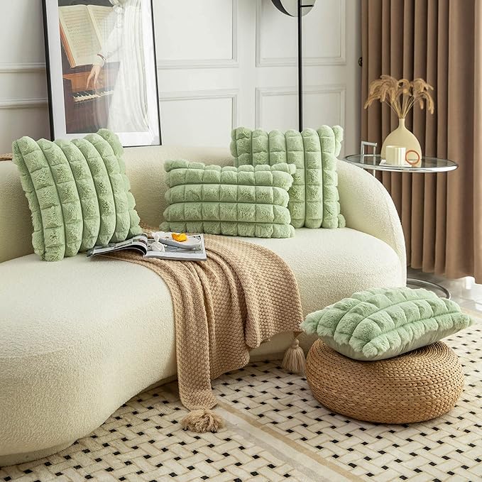 Neelvin Green Faux Fur Cozy Soft Plaid Decorative Throw Pillow Covers 18x18 inch Set of 2,Velvet Pillowcase Cushion Case for Sofa Couch