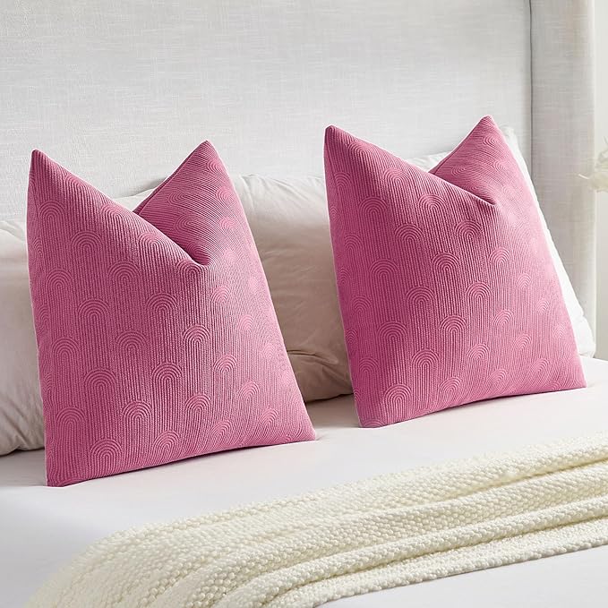 FUTEI Hot Pink Chenille Decorative Throw Pillow Covers 26x26 Inch Set of 2,Soft Cozy Striped Geometric Patterns Euro Pillow Shams,Modern Home Decor for Couch Bed Living Room