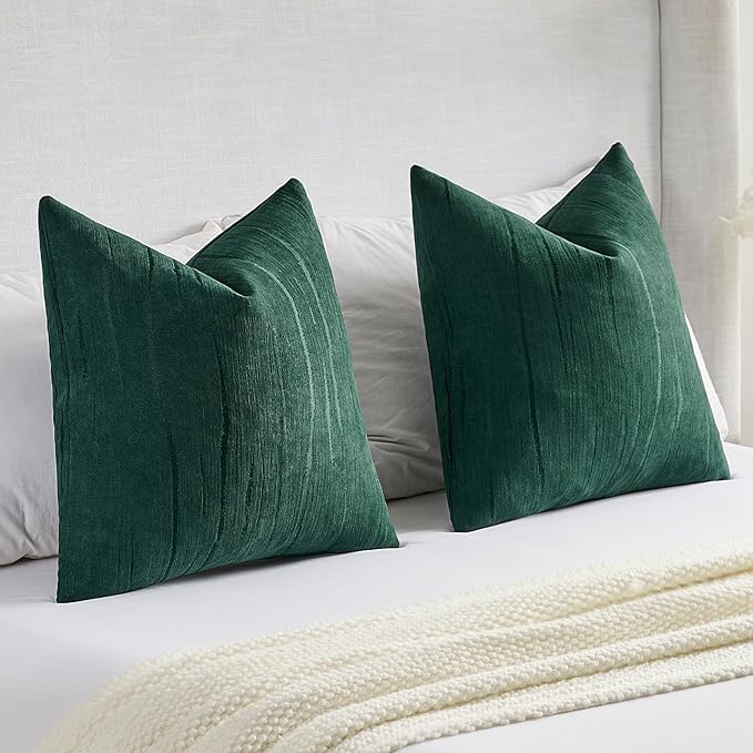 FUTEI Dark Green Chenille Decorative Throw Pillow Covers 12x20 Inch Set of 2,Soft Embossed Striped Textured Lumbar Pillow Cases,Modern Home Decor for Couch Bed Living Room