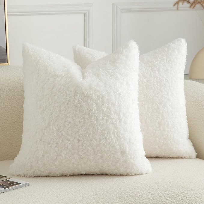 Pack of 2 Curly Teddy Wool Faux Fur Throw Pillow Covers Fuzzy Accent Soft Sherpa Pillowcases Sheepskin Fleece Decorative Cushion Case for Sofa Couch Living Room 26x26 Inch Neutral White