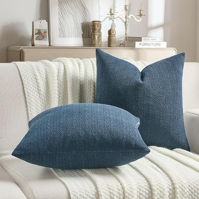 FUTEI Navy Blue Chenille Throw Pillow Covers 12x20 Inch Set of 2,Soft Striped & Diamond Textured Lumbar Pillow Cases,Modern Home Decor for Couch Living Room