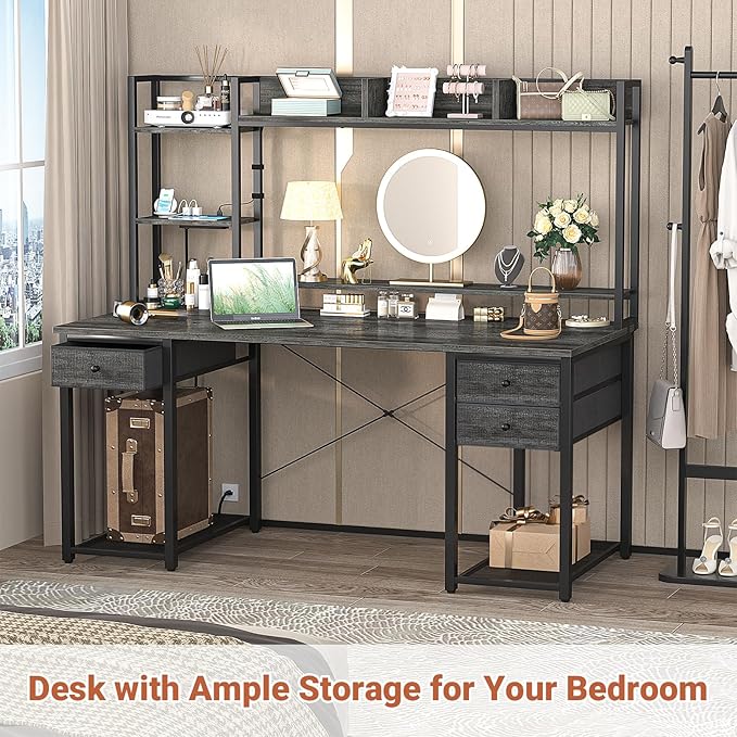 Aheaplus Desk with LED and Outlets, Gaming Desks with Hutch, 55.2'' Computer Desk with Drawers, Reversible Office Desk with Storage Bookshelf Large Workstation with Shelf, Desk for Home, Black Oak