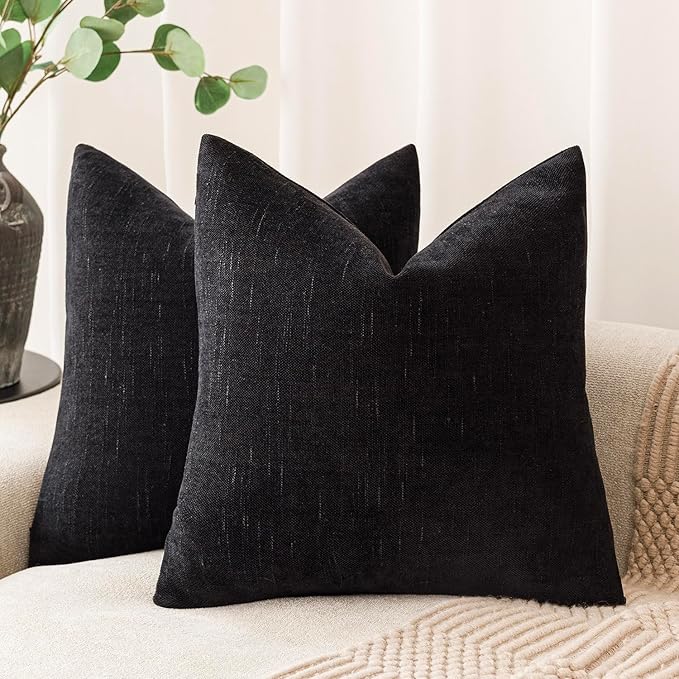 Foindtower Pack of 2 Soft Textured Chenille Throw Decorative Pillow Covers Square Accent Solid Cushion Cover Cozy Farmhouse Pillow Case with Zipper for Couch Sofa Bedroom Living Room 16x16 Inch, Black