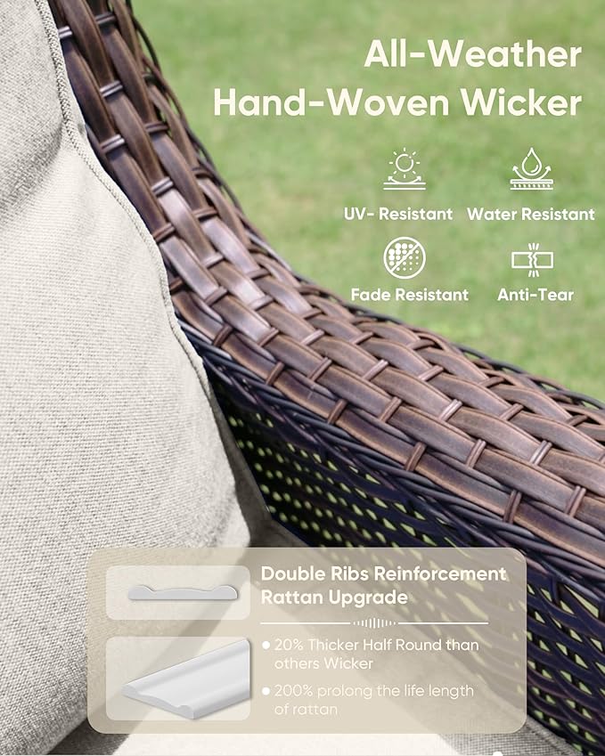 7-Piece Outdoor Wicker Patio Furniture Set with Swivel Glider Chairs,Loveseat, Coffee Table & Ottomans 5” Olefin Cushions Ergonomic Neck-Lumbar Backrest All-Weather Rattan for Garden, Deck, Porch