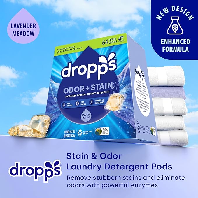 Dropps Odor & Stain Biobased Power Laundry Detergent Pods, Lavender Meadow (64 Count) - HE Compatible Laundry Pods for Fresh Clothes - Washing Detergent Soap Supplies & Recyclable Paperboard Packaging