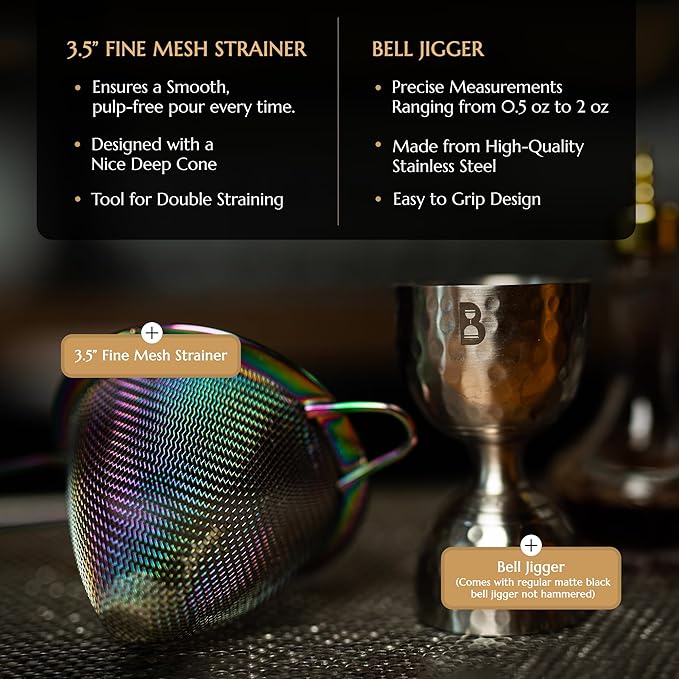 5 Piece Cocktail Kit by Bull In China - Premium Bartender Gift Set Includes Weighted 2 Piece Boston Shaker, Hammered Bell Jigger, Hawthorne Strainer & Fine Mesh Strainer (Matte Black)