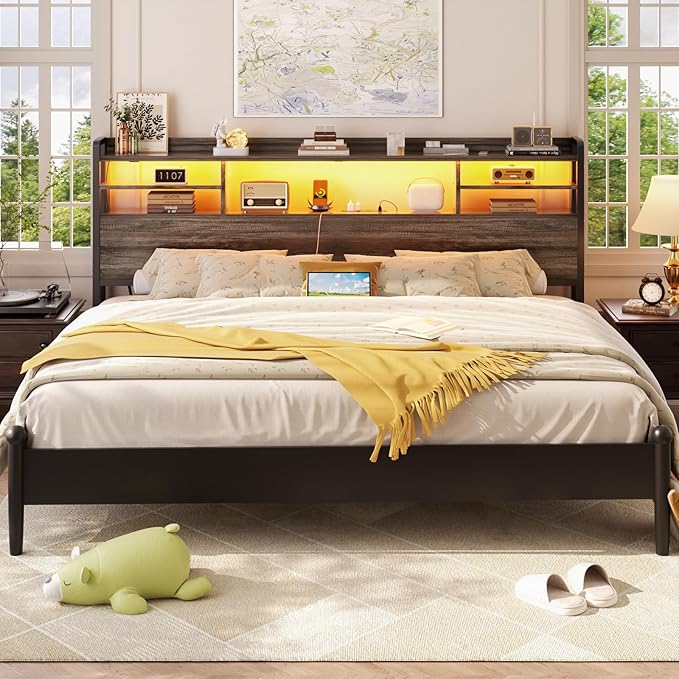 Aheaplus Headboard for King Size Bed with Storage, Headboards with LED Light, Power Outlets, USB Ports King Size Head Board, Wood headboard Only Sturdy and Stable Headboards, Modern, Black Oak