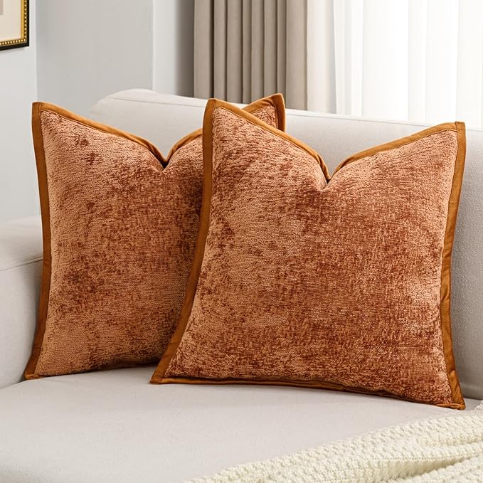 FUTEI Rust Chenille Throw Pillow Covers 18x18 Inch Set of 2,Soft Cozy Bound Edge Design Cushion Case,Home Decor for Couch Bed Living Room