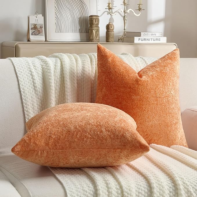 FUTEI Orange Flannel Throw Pillow Covers 18x18 Inch Set of 2,Soft Dimensional Textured Cushion Cases,Modern Home Decor for Couch Living Room