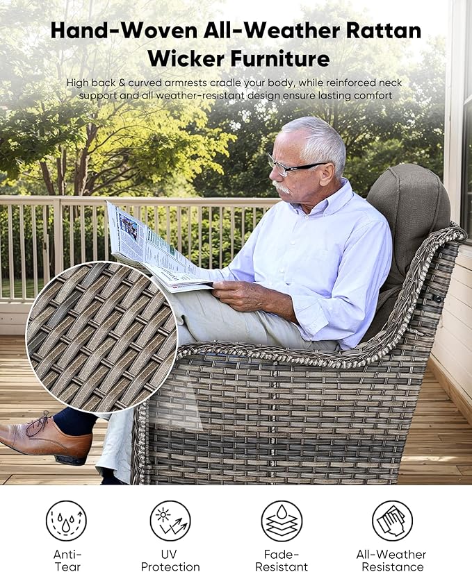HUMMUH Wicker Patio Furniture Set 6 Inch Thick Cushion Outdoor Swivel Rocker Patio Chairs with Deep Seat Sofa 5PCS Outdoor Furniture Set for Porch Garden Deck