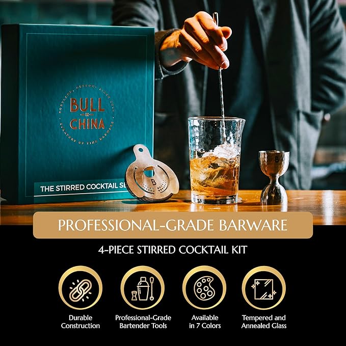4 Piece Cocktail Kit by Bull In China - Premium Bartender Gift Set Includes Flagship Mixing Glass, 12 inch Barspoon, Bell Jigger & Hawthorne Strainer For Professional & Home Bars (Stainless Steel)